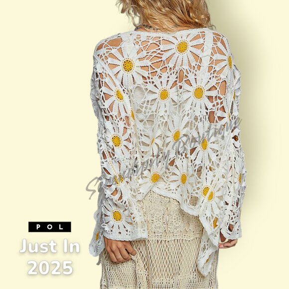 POL Tops - POL Sunshine Ocean Breeze & Daisies Crochet Open Cardigan Shacket Coverup Top